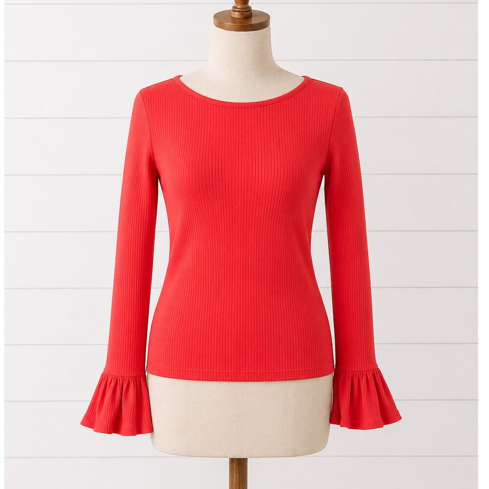 J Crew Ribbed Flared Bell Sleeve Top Red Scoop Neck Stretchy Cotton Blend Small